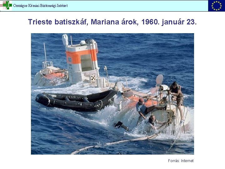 Országos Kémiai Biztonsági Intézet Trieste batiszkáf, Mariana árok, 1960. január 23. Forrás: Internet 