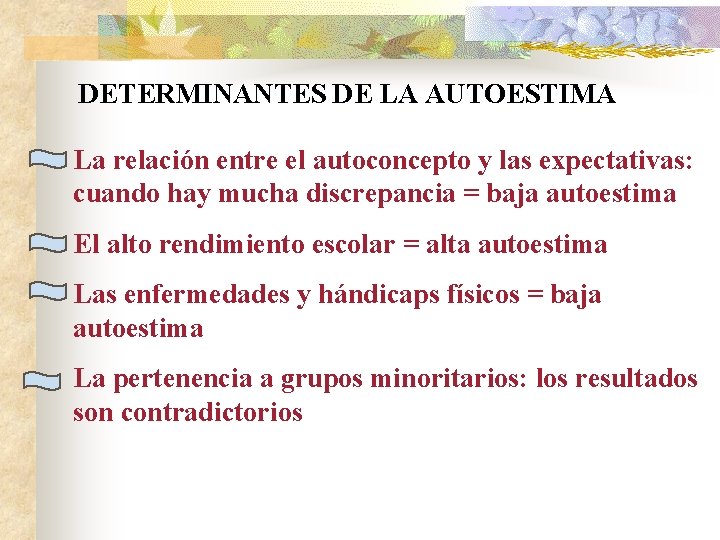 DETERMINANTES DE LA AUTOESTIMA La relación entre el autoconcepto y las expectativas: cuando hay