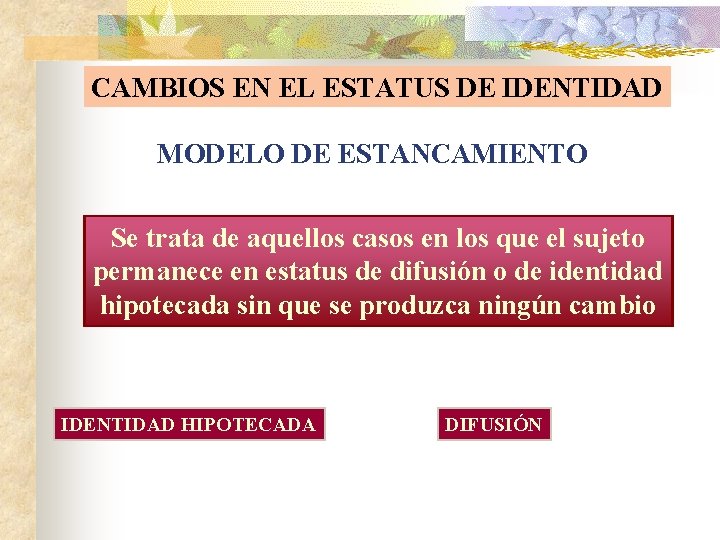 CAMBIOS EN EL ESTATUS DE IDENTIDAD MODELO DE ESTANCAMIENTO Se trata de aquellos casos