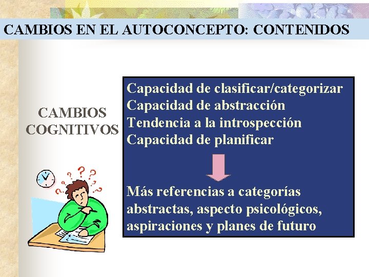 CAMBIOS EN EL AUTOCONCEPTO: CONTENIDOS Capacidad de clasificar/categorizar Capacidad de abstracción CAMBIOS Tendencia a