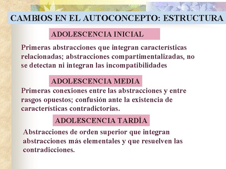 CAMBIOS EN EL AUTOCONCEPTO: ESTRUCTURA ADOLESCENCIA INICIAL Primeras abstracciones que integran características relacionadas; abstracciones