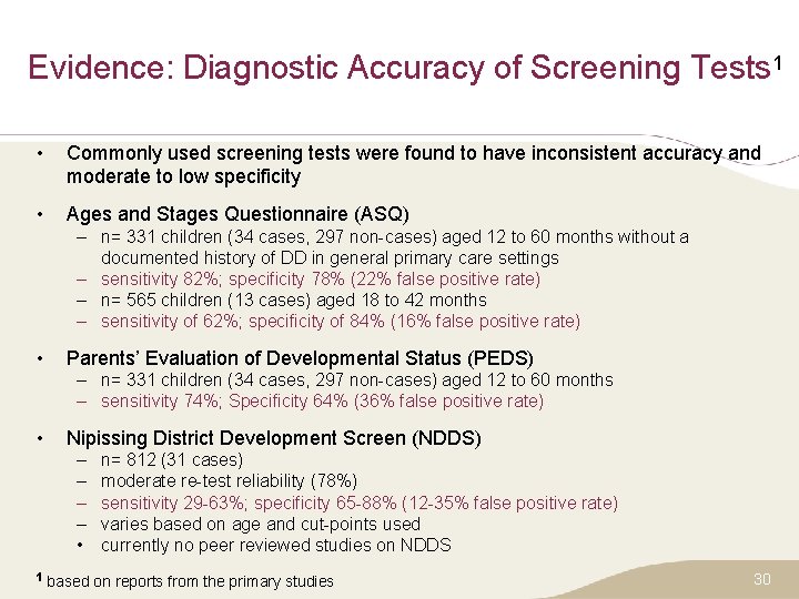 Evidence: Diagnostic Accuracy of Screening Tests 1 • Commonly used screening tests were found