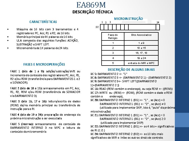 EA 869 M DESCRIÇÃO TÉCNICA CARACTERÍSTICAS • • Máquina de 16 bits com 3