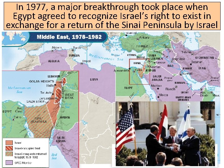 In 1977, a major breakthrough took place when Egypt agreed to recognize Israel’s right In 1977, a major breakthrough took place when Egypt agreed to recognize Israel’s right