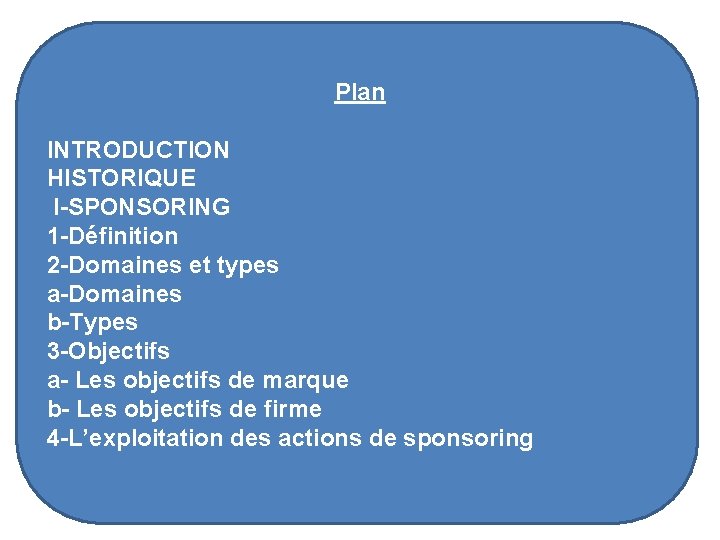Plan INTRODUCTION HISTORIQUE I-SPONSORING 1 -Définition 2 -Domaines et types a-Domaines b-Types 3 -Objectifs