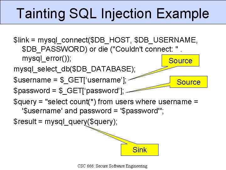 Tainting SQL Injection Example $link = mysql_connect($DB_HOST, $DB_USERNAME, $DB_PASSWORD) or die ("Couldn't connect: ".