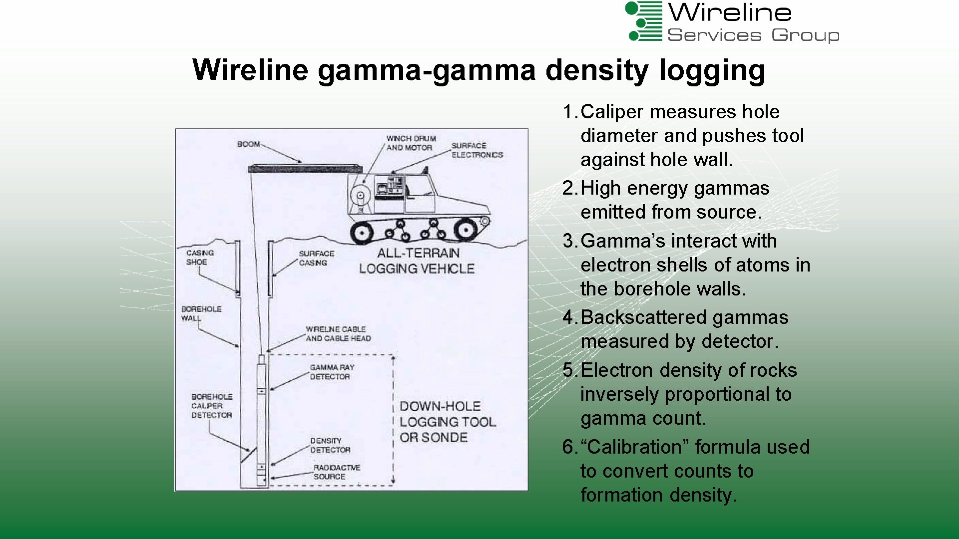 Wireline gamma-gamma density logging 1. Caliper measures hole diameter and pushes tool against hole