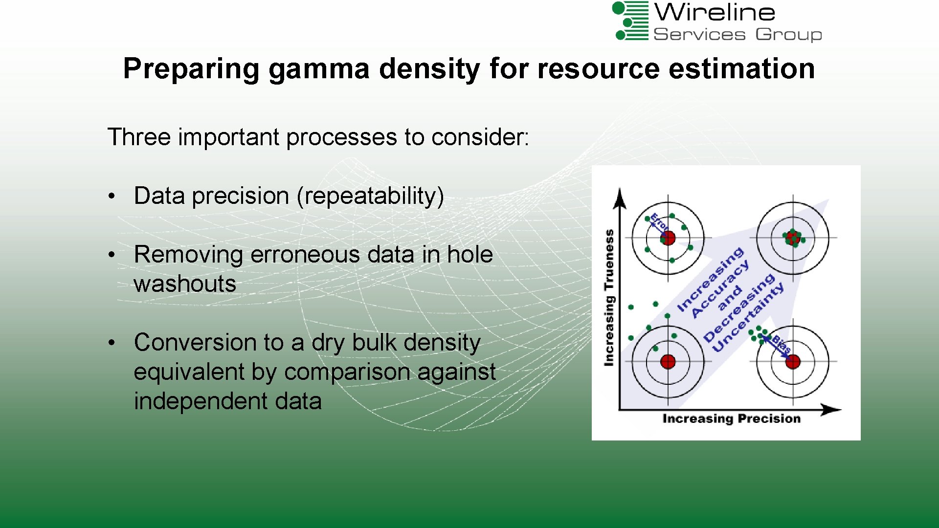 Preparing gamma density for resource estimation Three important processes to consider: • Data precision