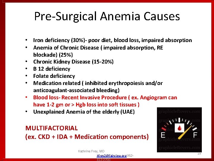 Pre-Surgical Anemia Causes • Iron deficiency (30%)- poor diet, blood loss, impaired absorption •