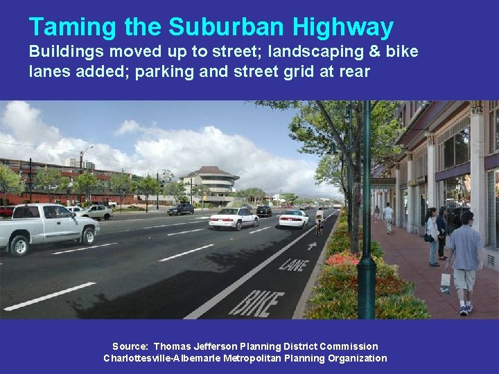 Taming the Suburban Highway Buildings moved up to street; landscaping & bike lanes added;