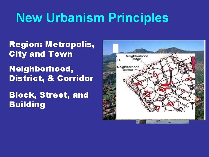 New Urbanism Principles Region: Metropolis, City and Town Neighborhood, District, & Corridor Block, Street,