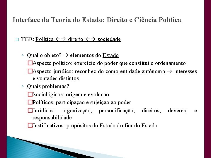 Interface da Teoria do Estado: Direito e Ciência Política � TGE: Política direito sociedade