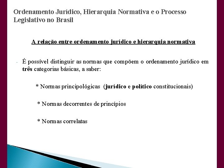 Ordenamento Jurídico, Hierarquia Normativa e o Processo Legislativo no Brasil A relação entre ordenamento