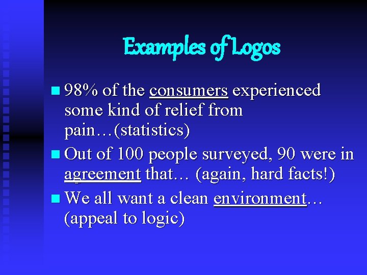 Examples of Logos n 98% of the consumers experienced some kind of relief from