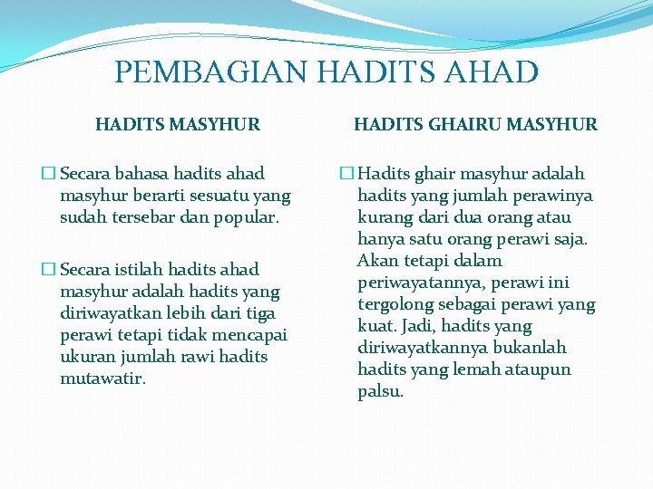 PEMBAGIAN HADITS AHAD HADITS MASYHUR � Secara bahasa hadits ahad masyhur berarti sesuatu yang