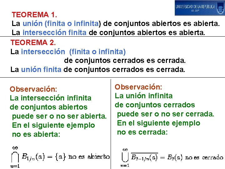 TEOREMA 1. La unión (finita o infinita) de conjuntos abiertos es abierta. La intersección