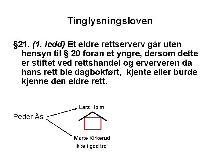 Tinglysningsloven § 21. (1. ledd) Et eldre rettserverv går uten hensyn til § 20