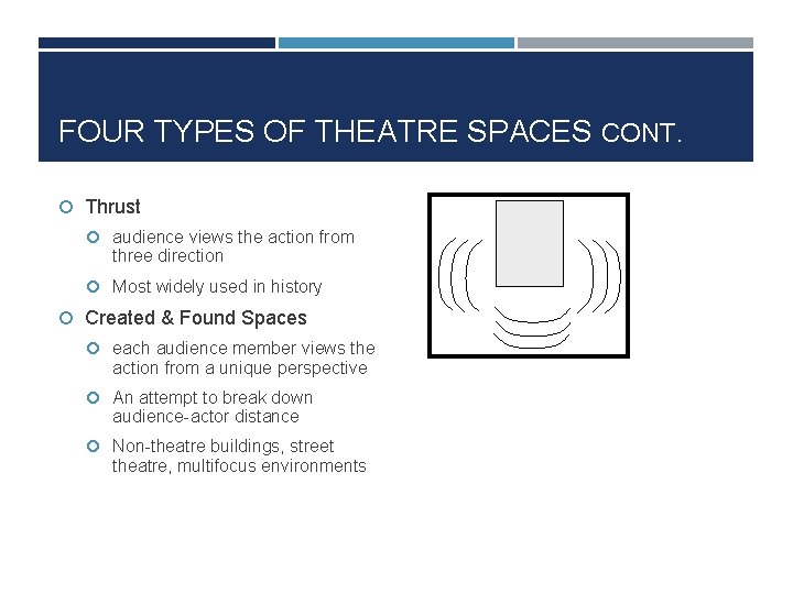 FOUR TYPES OF THEATRE SPACES CONT. Thrust audience views the action from three direction FOUR TYPES OF THEATRE SPACES CONT. Thrust audience views the action from three direction