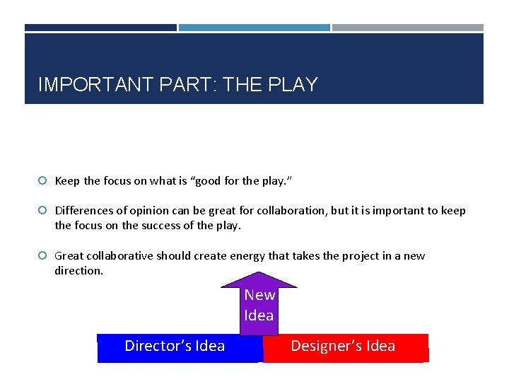 IMPORTANT PART: THE PLAY Keep the focus on what is “good for the play.