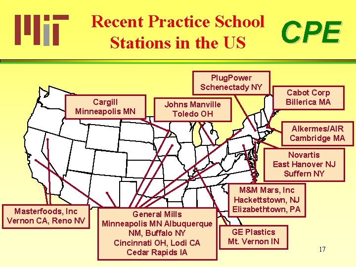 Recent Practice School Stations in the US CPE Plug. Power Schenectady NY Cargill Minneapolis