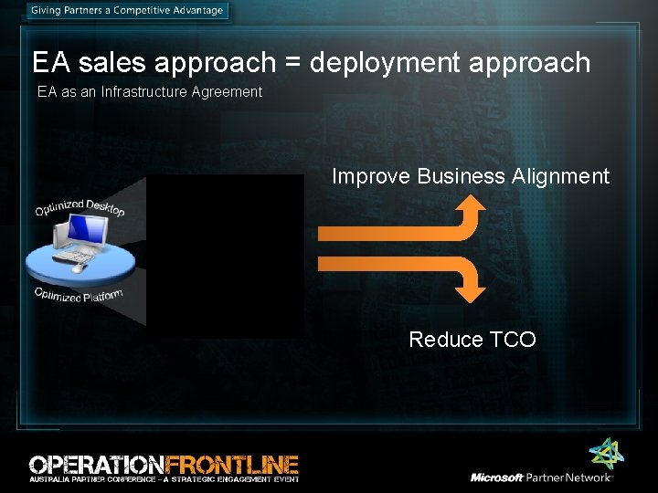 EA sales approach = deployment approach EA as an Infrastructure Agreement Improve Business Alignment EA sales approach = deployment approach EA as an Infrastructure Agreement Improve Business Alignment