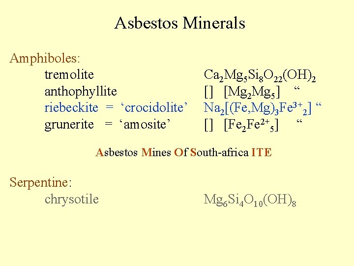 Asbestos Minerals Amphiboles: tremolite anthophyllite riebeckite = ‘crocidolite’ grunerite = ‘amosite’ Ca 2 Mg