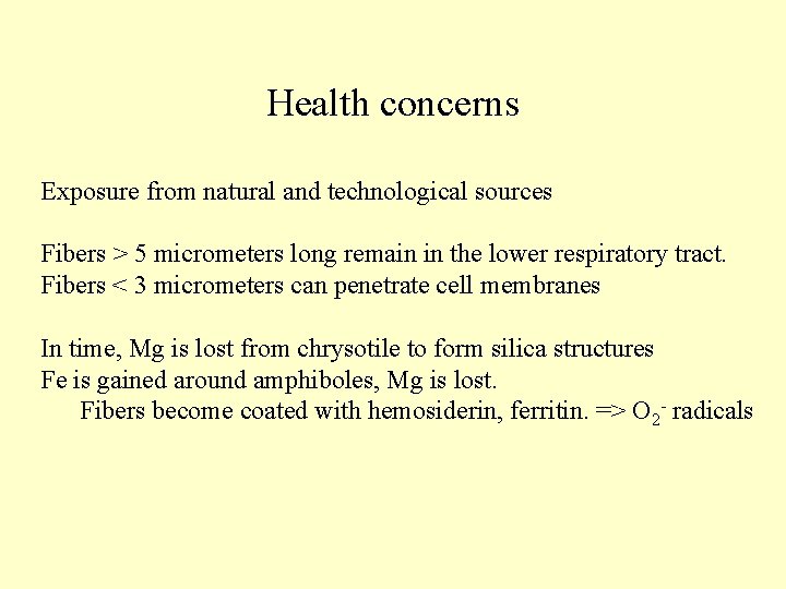 Health concerns Exposure from natural and technological sources Fibers > 5 micrometers long remain