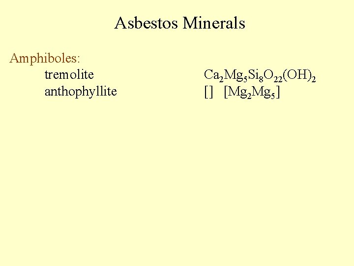 Asbestos Minerals Amphiboles: tremolite anthophyllite Ca 2 Mg 5 Si 8 O 22(OH)2 []