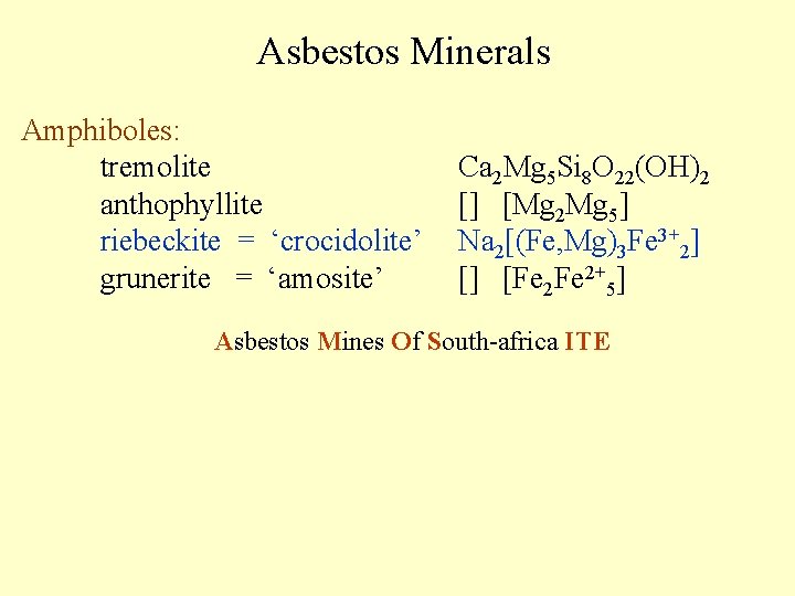 Asbestos Minerals Amphiboles: tremolite anthophyllite riebeckite = ‘crocidolite’ grunerite = ‘amosite’ Ca 2 Mg