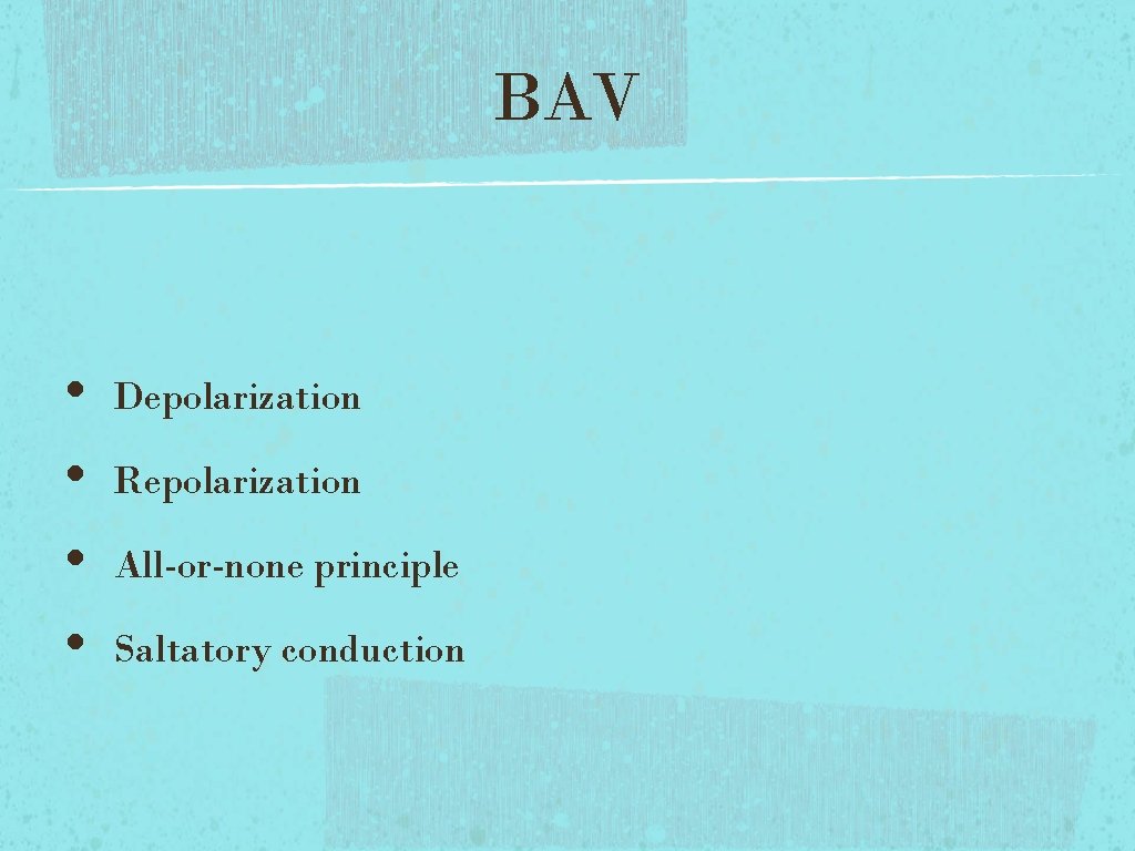 BAV • • Depolarization Repolarization All-or-none principle Saltatory conduction BAV • • Depolarization Repolarization All-or-none principle Saltatory conduction