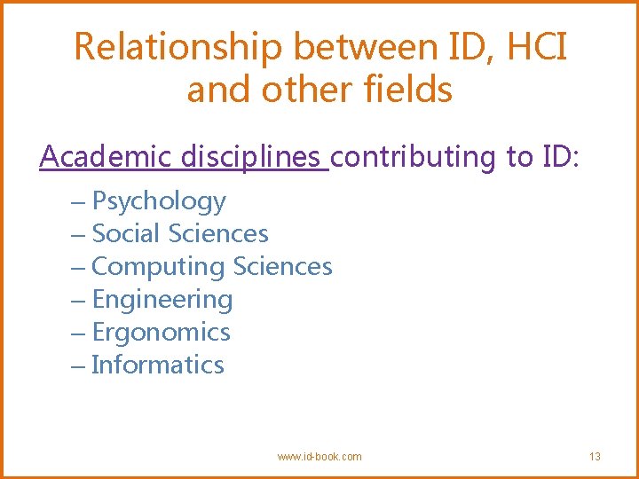 Relationship between ID, HCI and other fields Academic disciplines contributing to ID: – Psychology