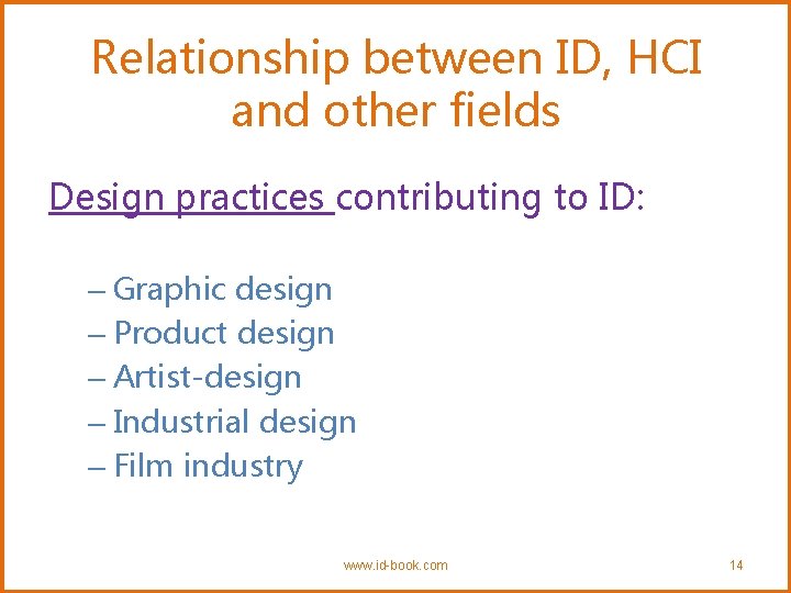 Relationship between ID, HCI and other fields Design practices contributing to ID: – Graphic