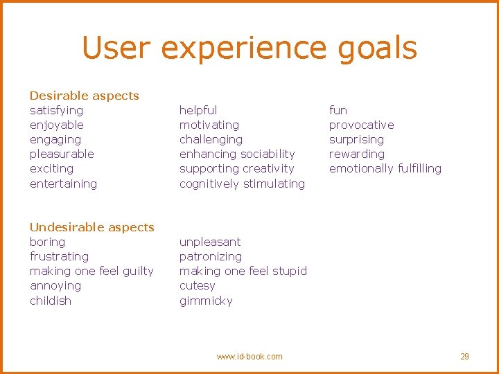 User experience goals Desirable aspects satisfying enjoyable engaging pleasurable exciting entertaining helpful motivating challenging