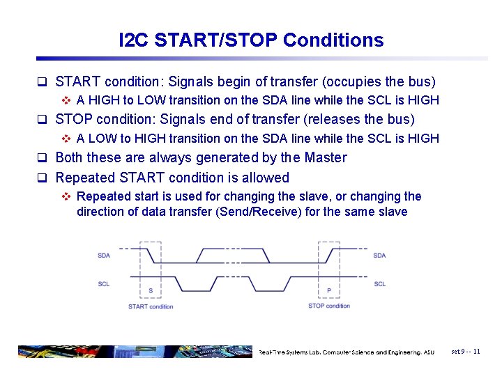 I 2 C START/STOP Conditions q START condition: Signals begin of transfer (occupies the