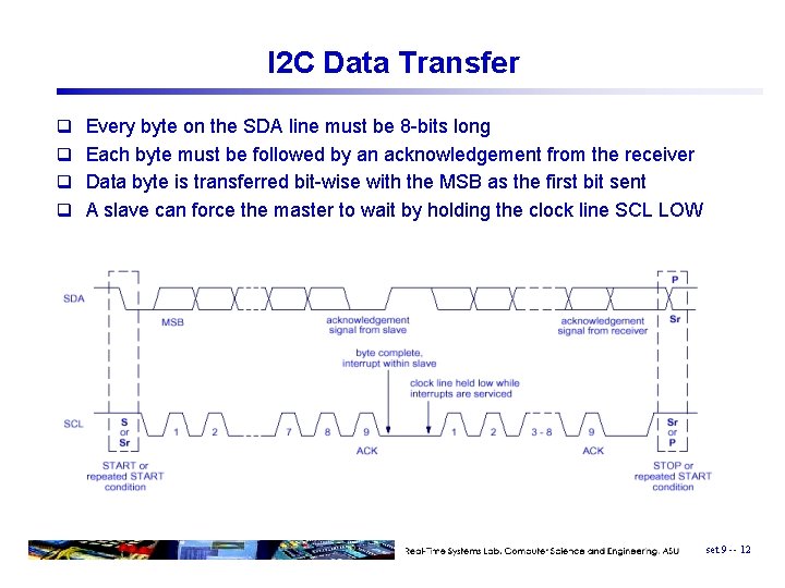 I 2 C Data Transfer q Every byte on the SDA line must be