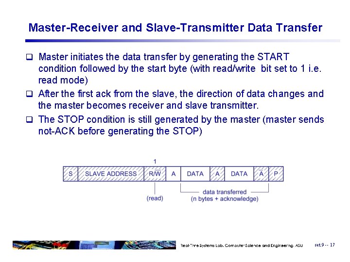 Master-Receiver and Slave-Transmitter Data Transfer q Master initiates the data transfer by generating the