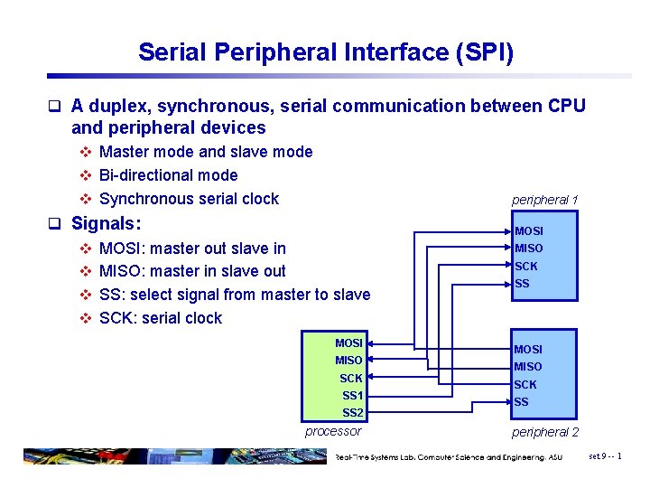 Serial Peripheral Interface (SPI) q A duplex, synchronous, serial communication between CPU and peripheral