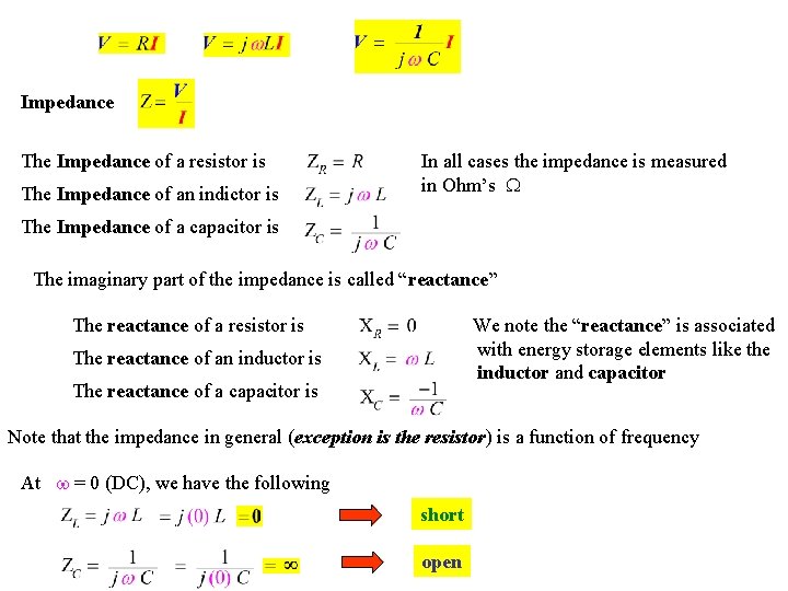 Impedance The Impedance of a resistor is The Impedance of an indictor is In