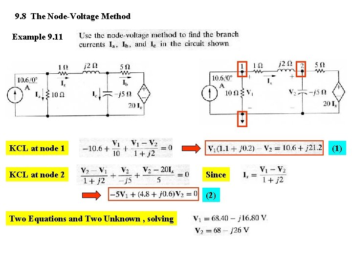 9. 8 The Node-Voltage Method Example 9. 11 KCL at node 2 (1) Since