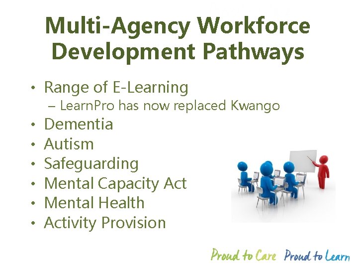 Multi-Agency Workforce Development Pathways • Range of E-Learning – Learn. Pro has now replaced