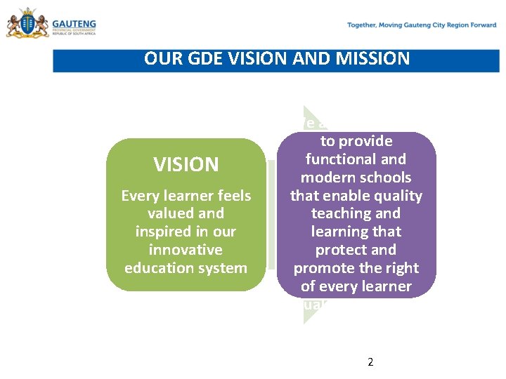 OUR GDE VISION AND MISSION VISION Every learner feels valued and inspired in our