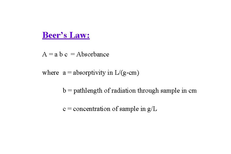 Beer’s Law: A = a b c = Absorbance where a = absorptivity in