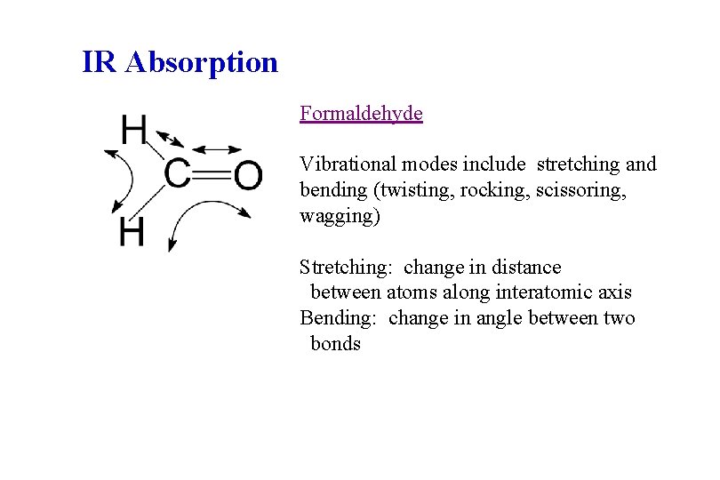 IR Absorption Formaldehyde Vibrational modes include stretching and bending (twisting, rocking, scissoring, wagging) Stretching: