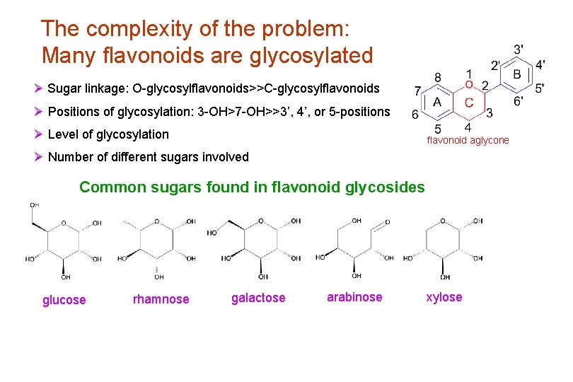 The complexity of the problem: Many flavonoids are glycosylated Ø Sugar linkage: O-glycosylflavonoids>>C-glycosylflavonoids Ø