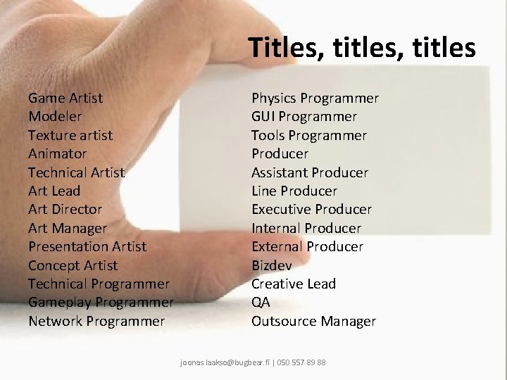 Titles, titles Game Artist Modeler Texture artist Animator Technical Artist Art Lead Art Director