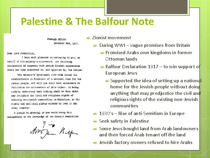 Palestine & The Balfour Note Zionist movement During WWI – vague promises from Britain Palestine & The Balfour Note Zionist movement During WWI – vague promises from Britain