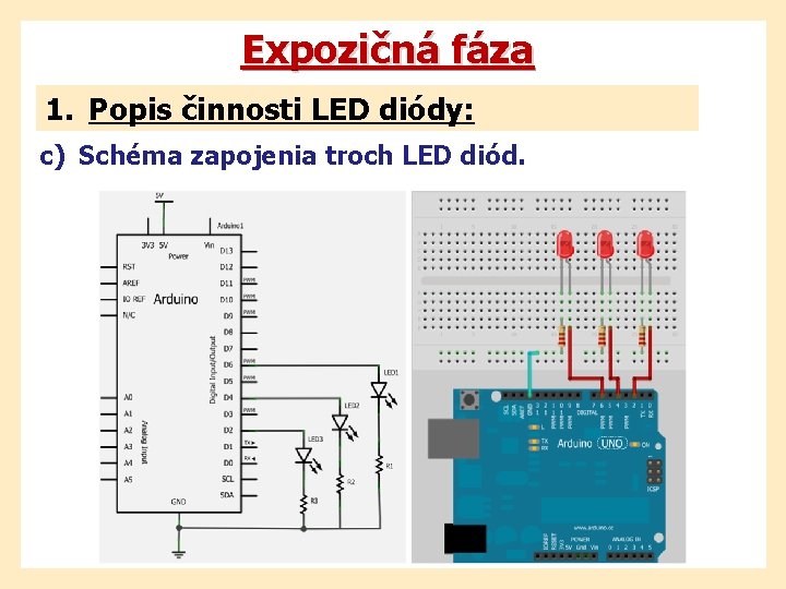 Expozičná fáza 1. Popis činnosti LED diódy: c) Schéma zapojenia troch LED diód. 