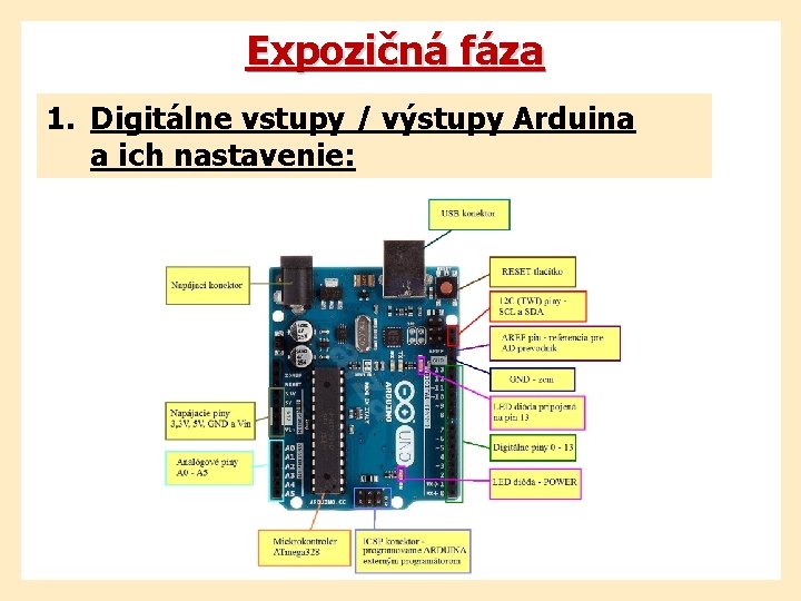 Expozičná fáza 1. Digitálne vstupy / výstupy Arduina a ich nastavenie: 