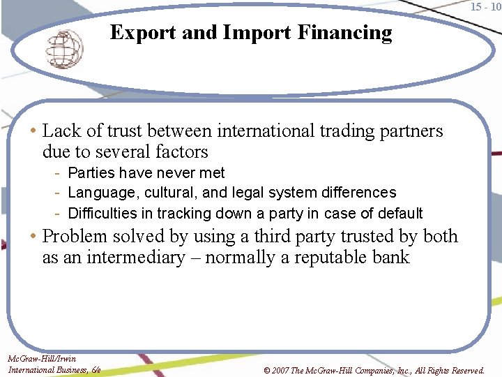 15 - 10 Export and Import Financing • Lack of trust between international trading