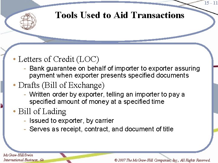 15 - 11 Tools Used to Aid Transactions • Letters of Credit (LOC) -